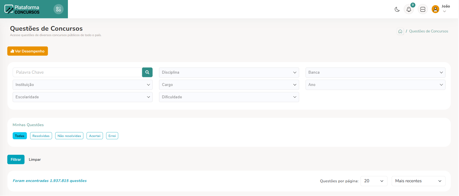 Dashboard do Banco de Questões